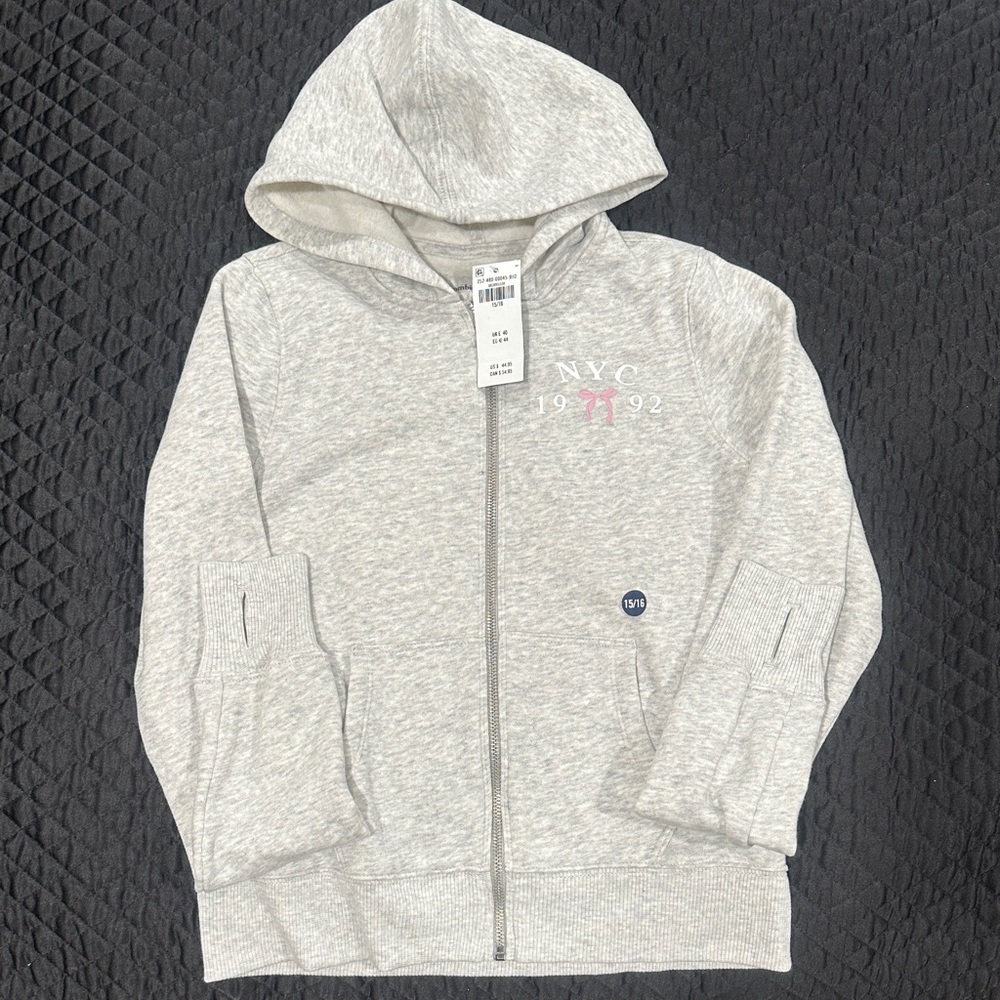 abercrombie kids Light Heather Gray Zip Hoodie with NYC Graphic